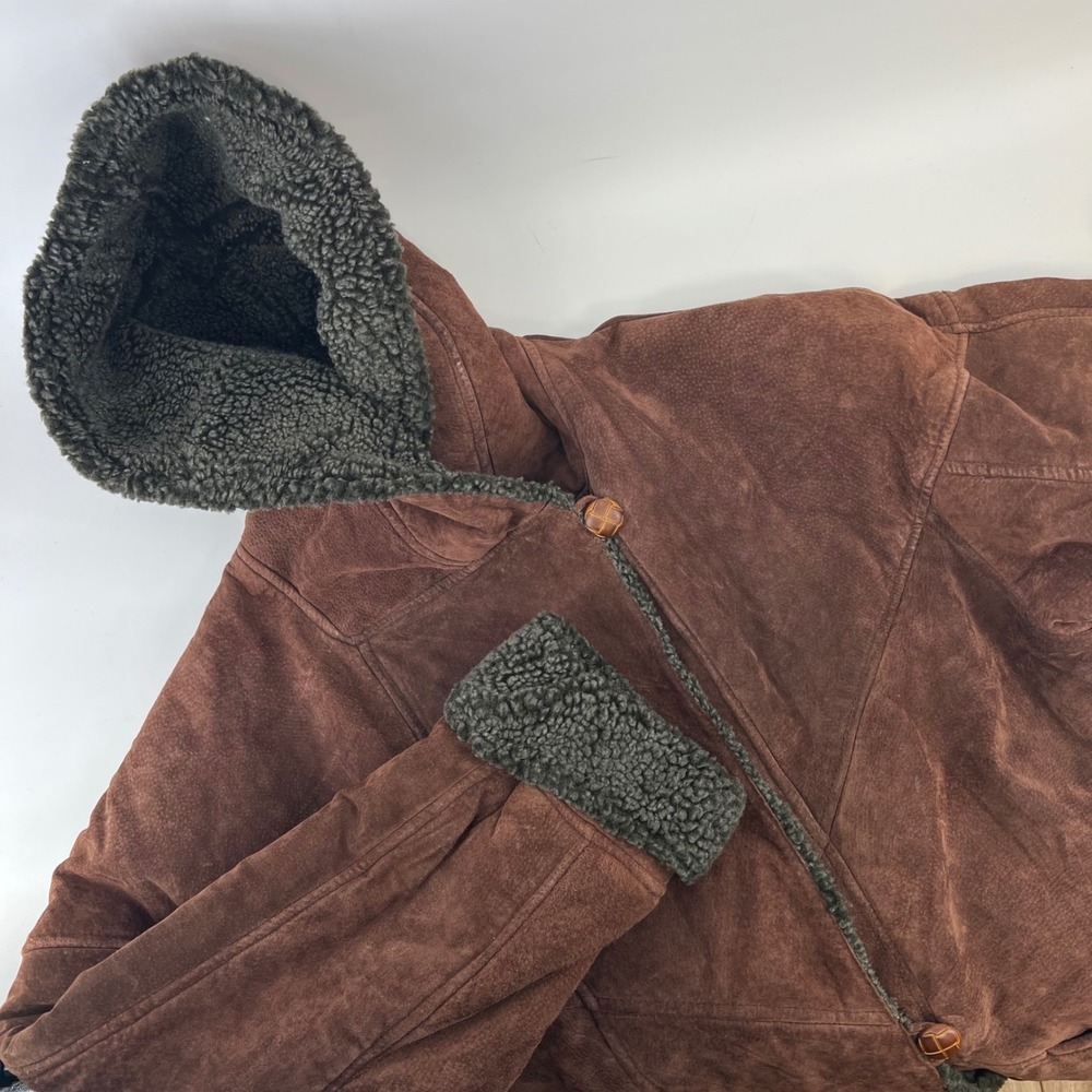Vintage Lg Leather Limited Brown Suede Faux Shearling Hooded Dbl Breasted Parka